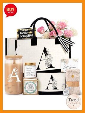 Monogrammed Tote Bag Gift Set with Cosmetic Bag, Cup, Candle, Bracelet, Socks,